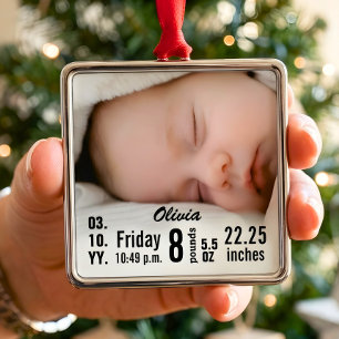 Personalized Baby Birth Stats Christmas Photo Metal Ornament