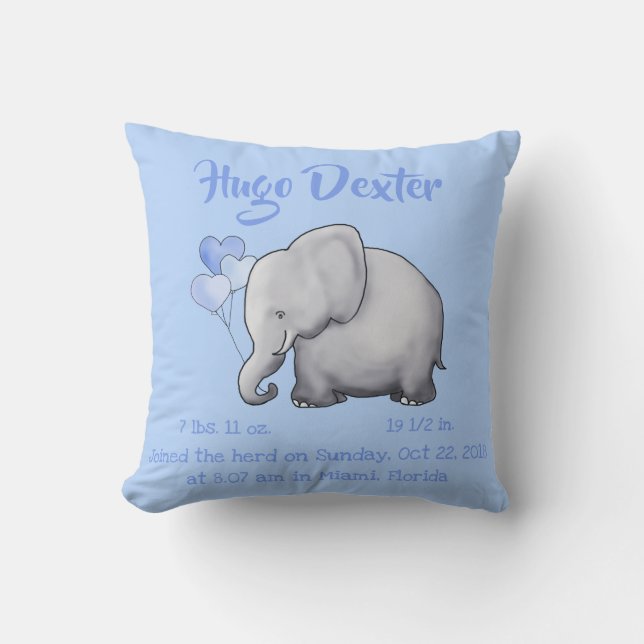 Personalized Baby Birth Stats Elephant Nursery Throw Pillow (Front)