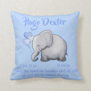 Personalized Baby Birth Stats Elephant Nursery Throw Pillow