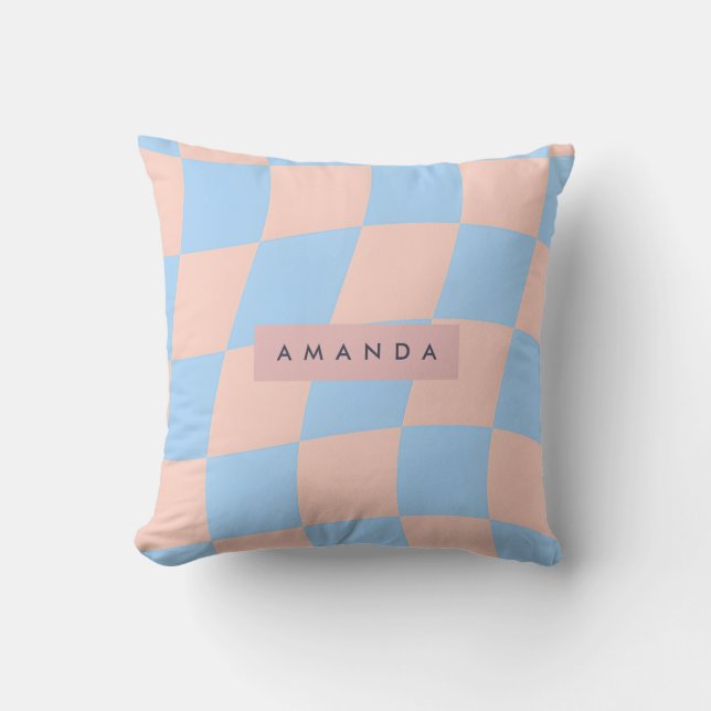Personalized Baby Blue and Peach Wavy Checkered Throw Pillow (Front)