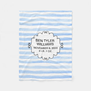 Personalized Baby Blue and White Striped Fleece Blanket