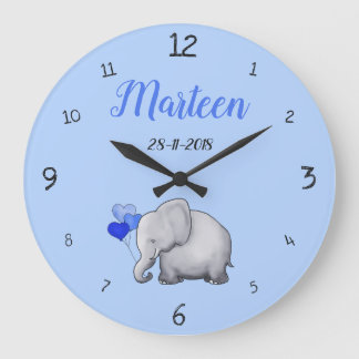 Personalized Baby Blue Cute Elephant Nursery Large Clock