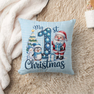 Personalized Baby Blue Gingham My First Christmas Throw Pillow