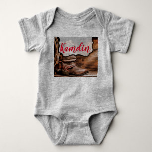Personalized Baby Body Suit Cowboy Boots Barn Wood Bodysuit