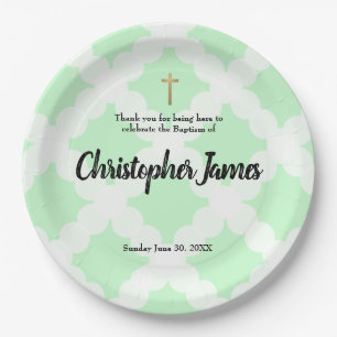Personalized Baby boy Baptism Green gold cross Paper Plate