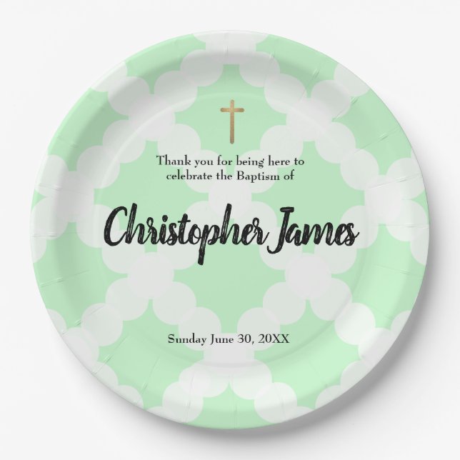 Personalized Baby boy | Baptism Green | gold cross Paper Plate (Front)