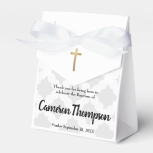 Personalized Baby Boy Baptism Grey Gold Cross Favor Box