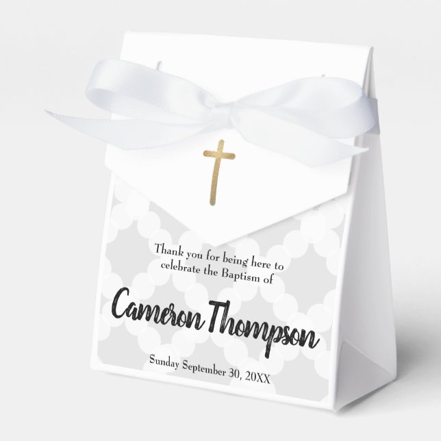 Personalized Baby Boy Baptism Grey Gold Cross Favor Box (Front Side)