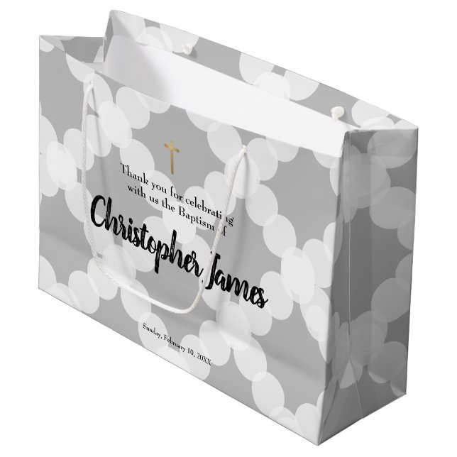 Personalized Baby Boy baptism Grey Gold Cross Large Gift Bag (Front Angled)