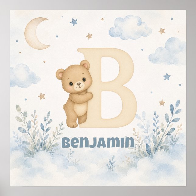 Personalized Baby Boy Bear Letter B Poster (Front)