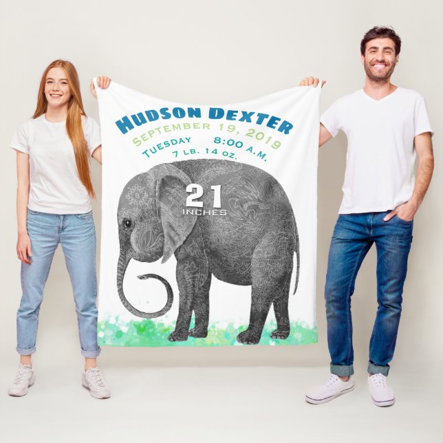 Personalized Baby Boy Birth Record Stats Elephant Fleece Blanket (In Situ)