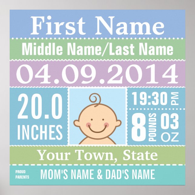 Personalized Baby Boy Birth Stats poster (Front)
