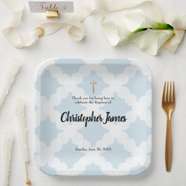 Personalized Baby boy blue Baptism & gold cross Pa Paper Plate (Wedding)