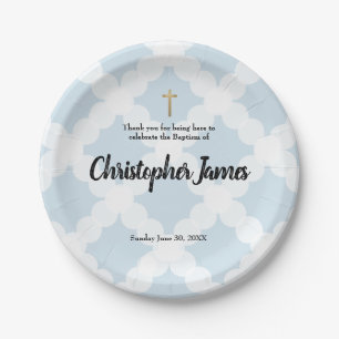 Personalized Baby boy blue Baptism & gold cross Paper Plate