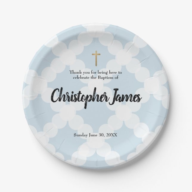 Personalized Baby boy blue Baptism & gold cross Paper Plate (Front)