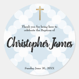 Personalized baby boy blue baptism thank you classic round sticker