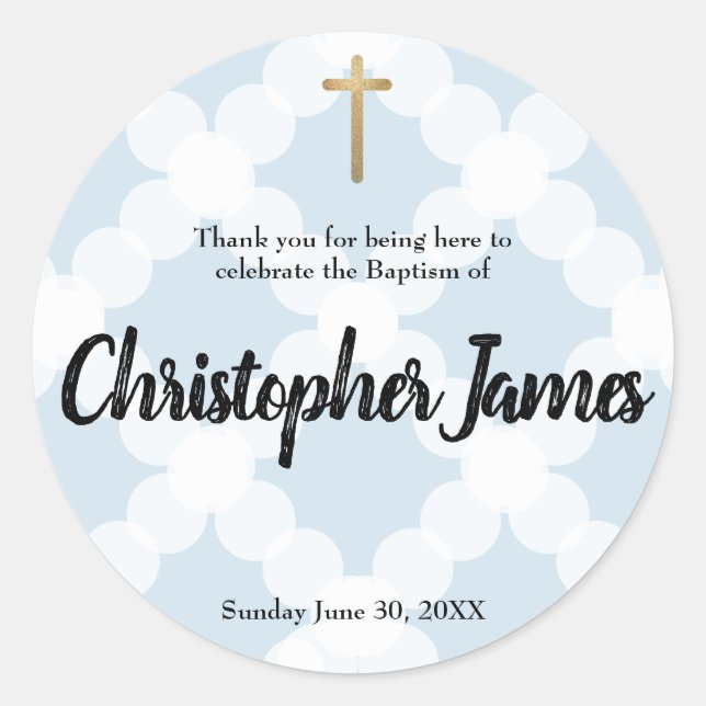 Personalized baby boy blue baptism thank you classic round sticker (Front)