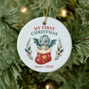 Personalized Baby Boy First Christmas Dragon  Ceramic Ornament