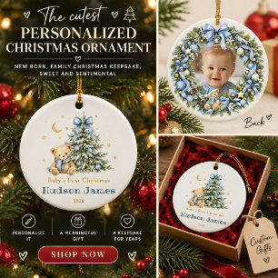 Personalized Baby Boy First Christmas Photo Ceramic Ornament