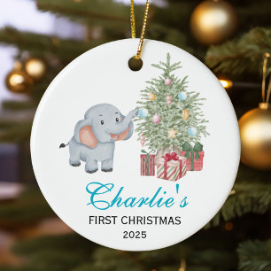 Personalized Baby Boy First Christmas Watercolor Ceramic Ornament