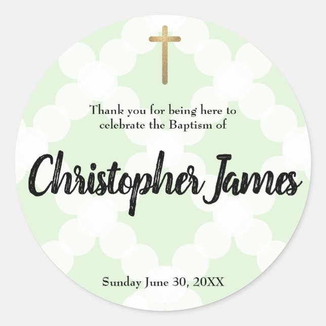 Personalized baby boy green baptism thank you classic round sticker (Front)