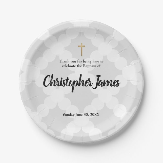 Personalized Baby boy Grey Baptism & gold cross Paper Plate (Front)