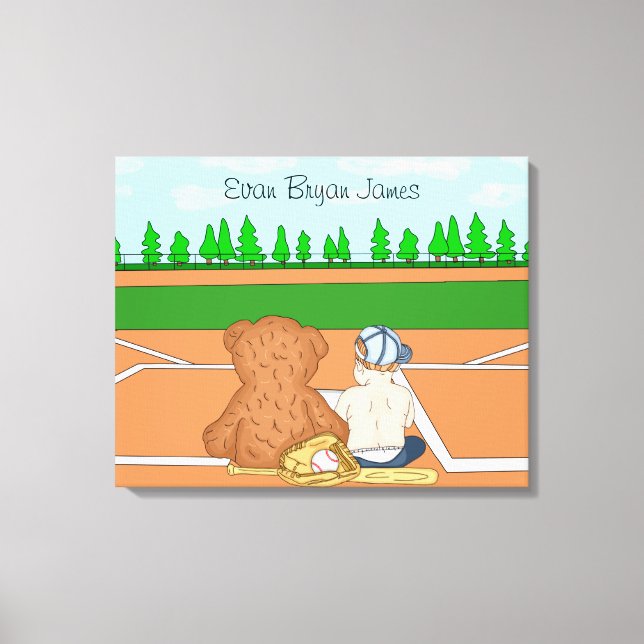 Personalized Baby Boy in Baseball Cap Teddy Bear  Canvas Print (Front)