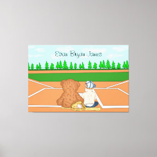 Personalized Baby Boy in Baseball Cap Teddy Bear  Canvas Print