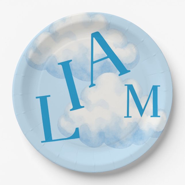Personalized Baby Boy Name Blue Clouds Sky  Paper Plate (Front)