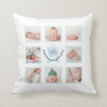 PERSONALIZED BABY BOY PHOTO COLLAGE WITH WREATH THROW PILLOW<br><div class="desc">Perfect for your nursery decor. A beautiful personalized throw pillow with 8 of your custom photos arranged in a square grid. At centre is a hand drawn wreath around a watercolor shield coat of arms for you to personalize with monogram and text. Add your favourite family photos and create a...</div>
