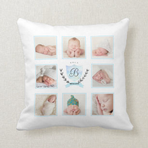 PERSONALIZED BABY BOY PHOTO COLLAGE WITH WREATH THROW PILLOW