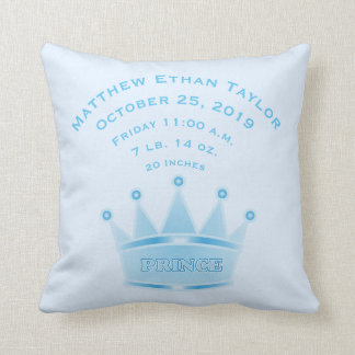Personalized Baby Boy Prince Birth Record Stats Throw Pillow