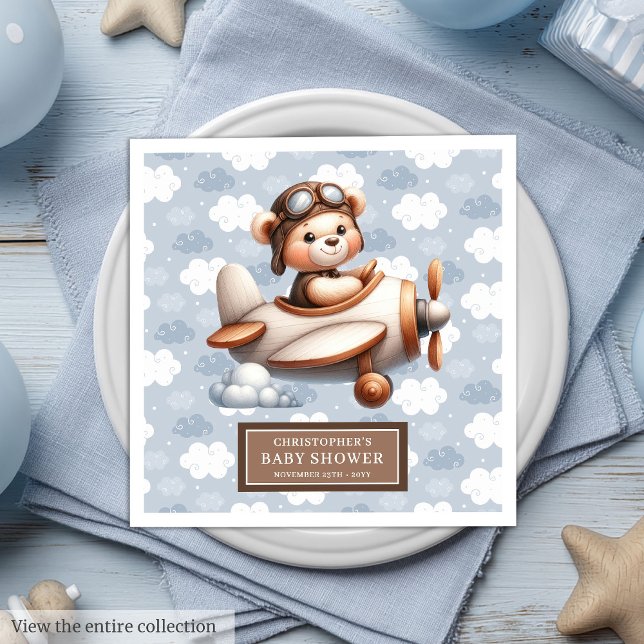 Personalized Baby Boy Teddy Bear Pilot Party  Napkin (Personalized Baby Boy Teddy Bear Pilot Party Paper Dinner Napkins)