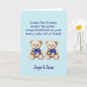 Personalized Baby Boy Twins Congratulations, Bears Card