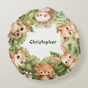 Personalized Baby Boy Watercolor Forest Animals Round Pillow