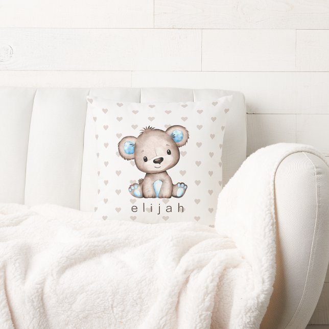 Personalized Baby Boy's Brown Bear Hearts Pattern Throw Pillow (Creator Uploaded)