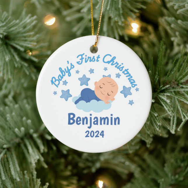 Personalized Baby Boys First Christmas Ceramic Ornament (Tree)