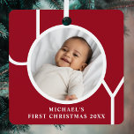 Personalized Baby Boy's First Christmas Photo  Metal Ornament<br><div class="desc">This stylish Baby Boy's First Christmas Photo Ornament is decorated with the word JOY on a maroon red background.
Easily customizable with your photo,  name,  and year.</div>
