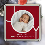 Personalized Baby Boy's First Christmas Photo Red Metal Ornament<br><div class="desc">This stylish Baby Boy's First Christmas Photo Ornament is decorated with the word JOY on a maroon red background.
Easily customizable with your photo,  name,  and year.</div>