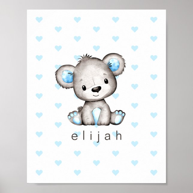 Personalized Baby Boy's Teddy Bear Blue Hearts Poster (Front)