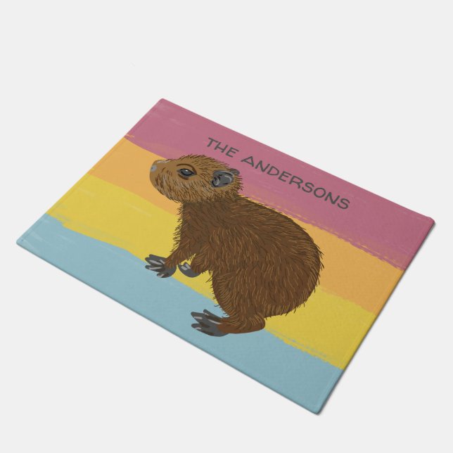 Personalized Baby Capybara Colorful Striped Doormat (Angled)