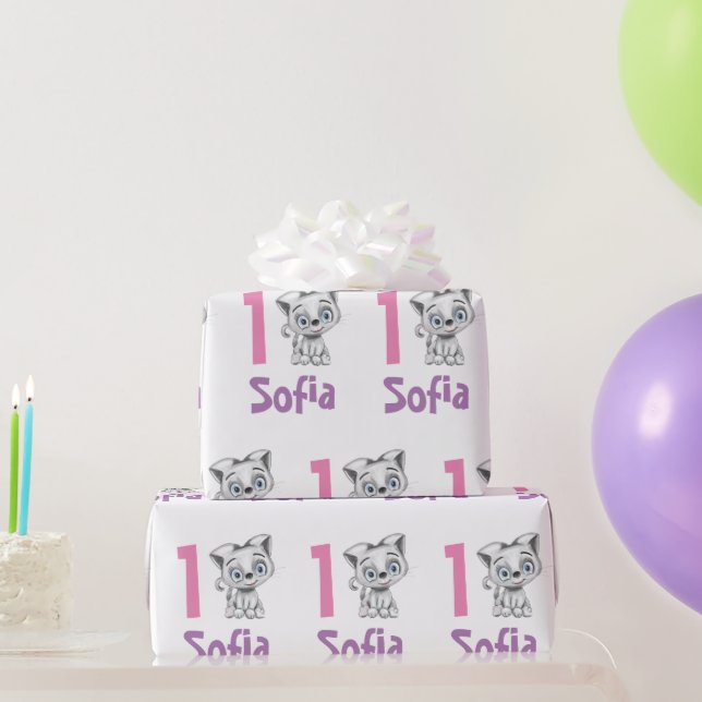 Personalized Baby Cat Plaid First Birthday  Wrapping Paper (Party Gifts)