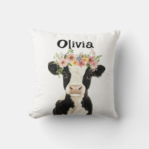 Personalized Baby Cow with Floral Wreath Throw Pillow