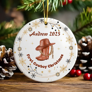 Personalized Baby Cowboy First Christmas Ceramic Ornament