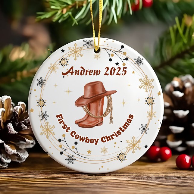 Personalized Baby Cowboy First Christmas  Ceramic Ornament (Creator Uploaded)