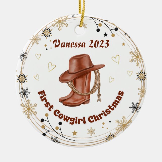 Personalized Baby Cowgirl's First Christmas Ceramic Ornament (Front)