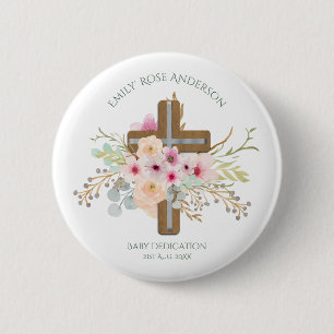 Personalized BABY Dedication Floral Cross 2 Inch Round Button