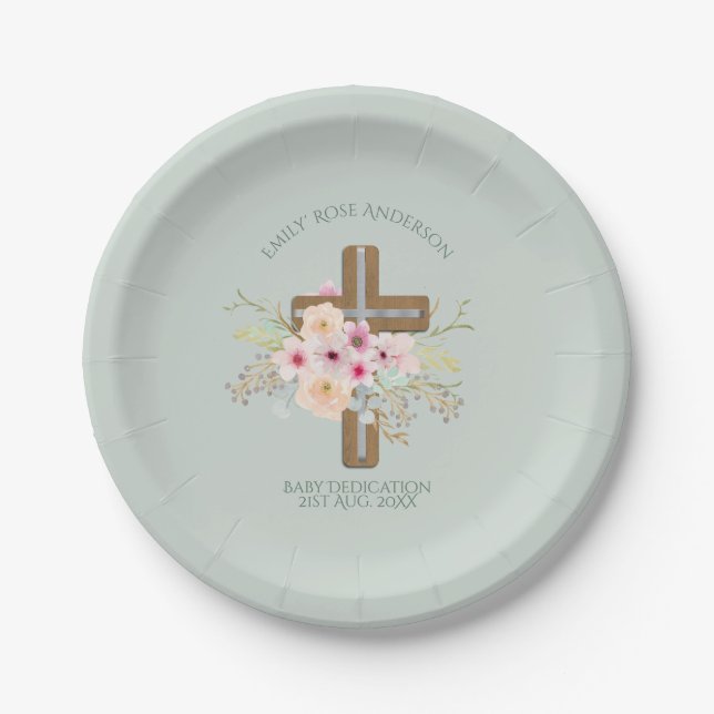 Personalized BABY Dedication Floral Cross Paper Plate (Front)