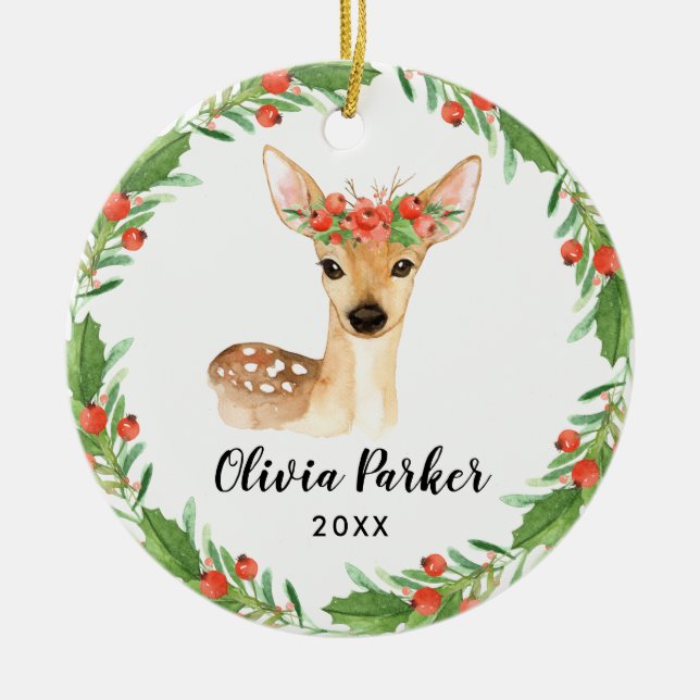 Personalized Baby Deer | Cute Baby Girl Photo Ceramic Ornament (Front)