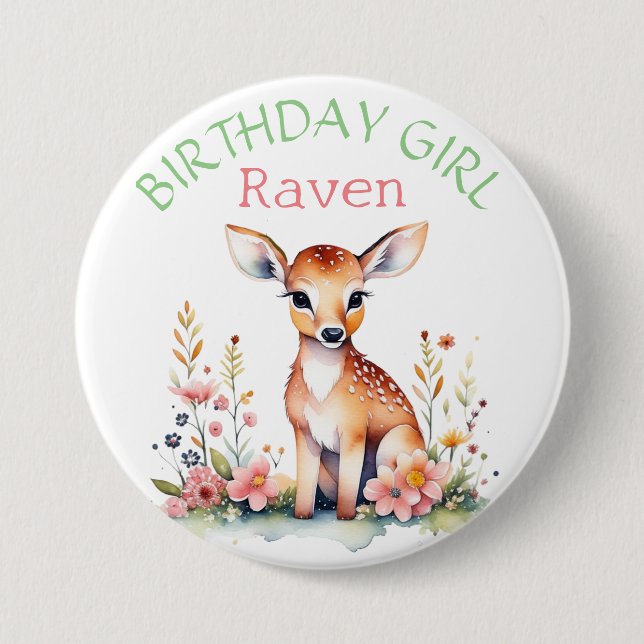 Personalized Baby Deer in Flowers Birthday Girl 3 Inch Round Button (Front)